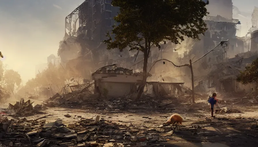 Image similar to back view, destroyed wahsington dc with collapsed buildings and little girl with teddy bear walking in the distance, sunny day, volumetric light, hyperdetailed, artstation, cgsociety, 8 k