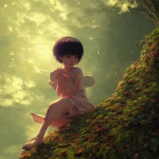 Image similar to very very small little girl by wlop, sitting on a gigantic green leaf by ilya kuvshinov, rtx rendering, octane render 1 2 8 k, maya, extreme high intricate details by tom bagshaw, digital anime art by ross tran, medium shot, close up shot, composition by sana takeda, lighting by greg rutkowski