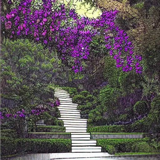 Prompt: old white house small stairs into lush garden, drawing moebius