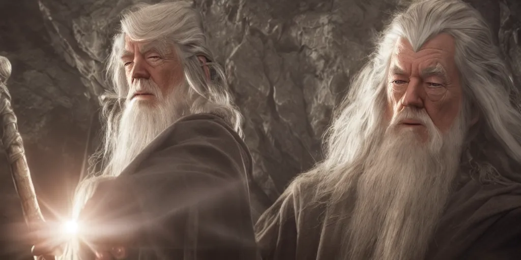 Prompt: a beautiful photo of gandalf being starred by donald trump, intricate detail, god rays, photography, volumetric light, cinematic, 8 k