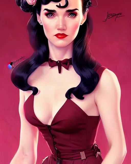 Image similar to a pin up and beautiful fashion charming dreamlke jennifer connelly, symmetrical face, symmetrical eyes, character art, art by artgerm lau and wlop and and ilya kuvshinov and john singer sargent, joshua middleton comic art