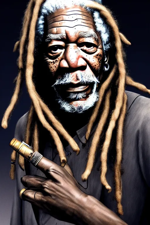 Image similar to a very detailed portrait of a old African man, Morgan Freeman, with dreadlocks, biotech, machine, photorealistic, highly detailed rendering with a cyberpunk style_ robotic arms, dramatic cinematic lighting