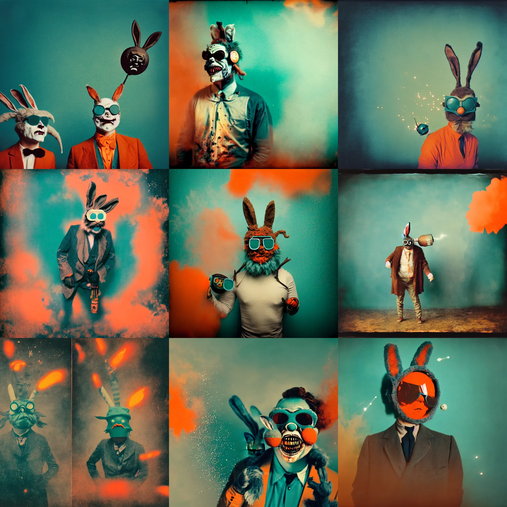 Prompt: kodak portra 4 0 0, wetplate, muted colours, teal and orange colours, explosions, rockets, funny sunglasses, krampus, bunny head, the walking dead, 1 9 2 0 s style, motion blur, portrait photo of a backdrop, bombs, sparkling, fog, by georges melies and by britt marling