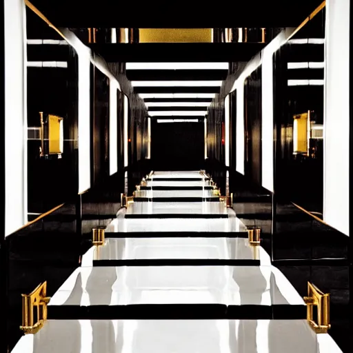 Image similar to a rectangular hallway of pure black reflective marble leading towards a red chair surrounded by gold cronenberg esque tools