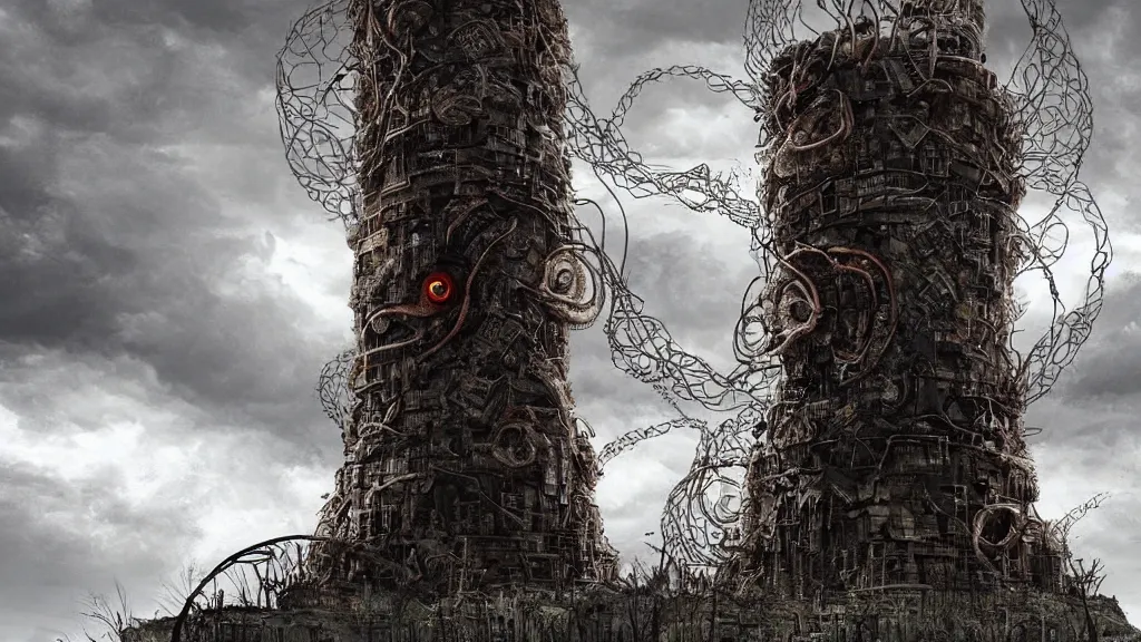 Image similar to giant bio-organic fleshy complex machine tower! with tendrils!! and one eyeball!!! at the top looking over a stormy post-apocalyptic wasteland, dystopian art, with art direction by Salvador Dalí, wide lens