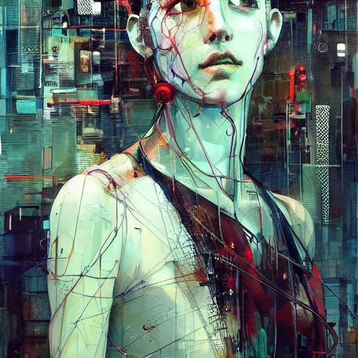 Image similar to cyberpunk portrait, wires, machines, in the style of adrian ghenie, esao andrews, jenny saville,, surrealism, dark art by james jean, takato yamamoto