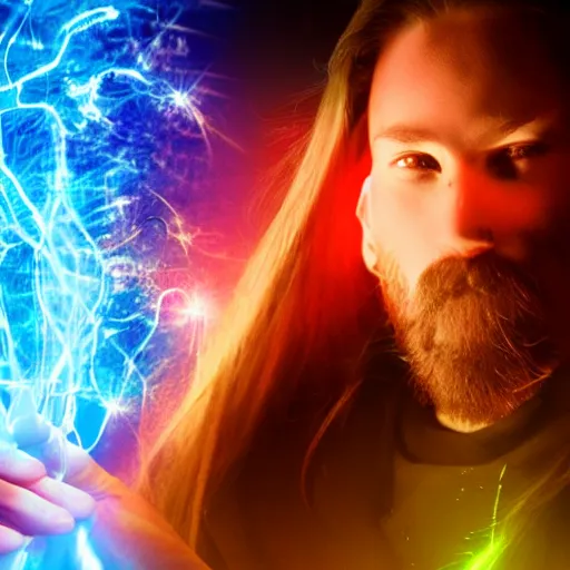 Image similar to a male wizard, glowing, frontal view, cool looking, photoshop