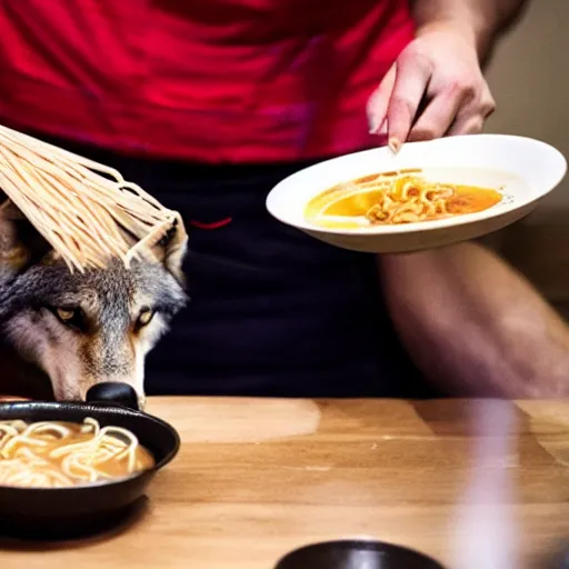 Image similar to photo of a wolf eating ramen