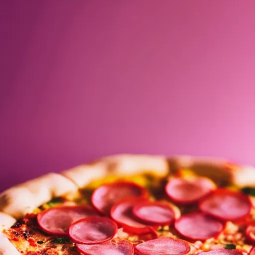 Prompt: a macro photo of a slice of pizza, hyper realistic, hyper detailed, 35mm, very grainy film, pink volumetric studio lighting, bokeh, black background award winning shot, vogue magazine, cinematic, 8k, very closeup, elegant, tender, pastel