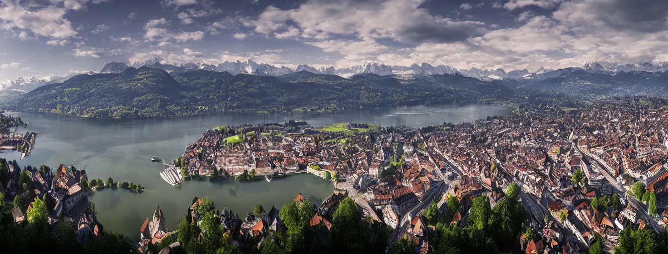 Image similar to Photo of Zurich, looking down the river at the lake and the alps, Hardturm, Grossmünster, wide angle, volumetric light, hyperdetailed, mountain water, artstation, cgsociety, 8k