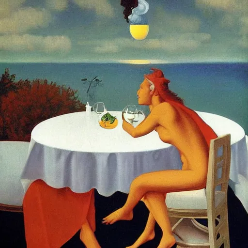 Prompt: a demon takes you out for a nice dinner by Raphael, Hopper, and Rene Magritte. detailed, romantic, enchanting, trending on artstation.