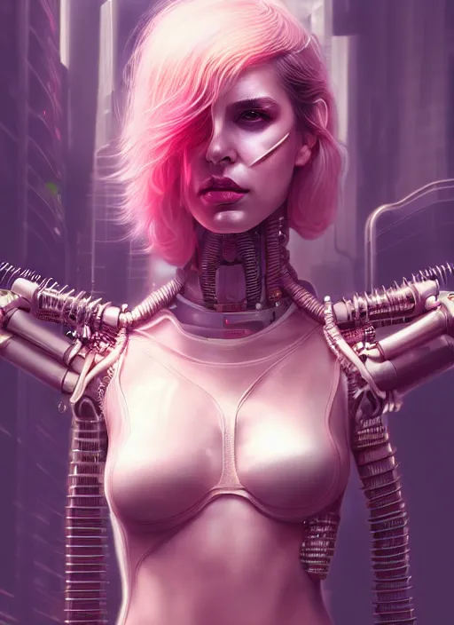 Image similar to soft lustrous full body ivory pink biotech raver gutter punk cyberpunk cyborg bioweapon, golden ratio, details, scifi, fantasy, cyberpunk, intricate, decadent, highly detailed, digital painting, octane render, artstation, concept art, smooth, sharp focus, illustration, art by artgerm, loish, wlop