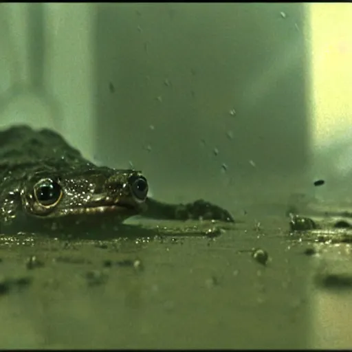 Image similar to Close up of Lepidobatrachus laevis facing the camera in a still from the movie Blade Runner (1982), high quality, rain, rain drops, cold lighting, 4k, night, award winning wildlife photo, National Geographic