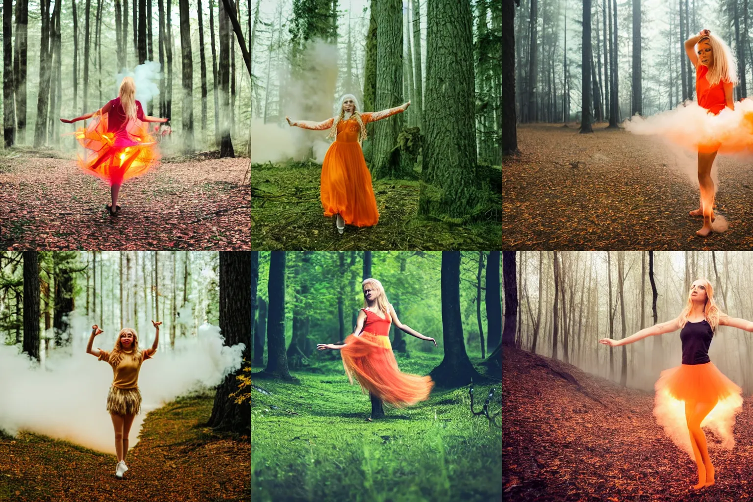 Prompt: a bright and glowing blonde haired woman dancing in forest, eerie, smoke, satanic, beautiful, scenic, 8k,