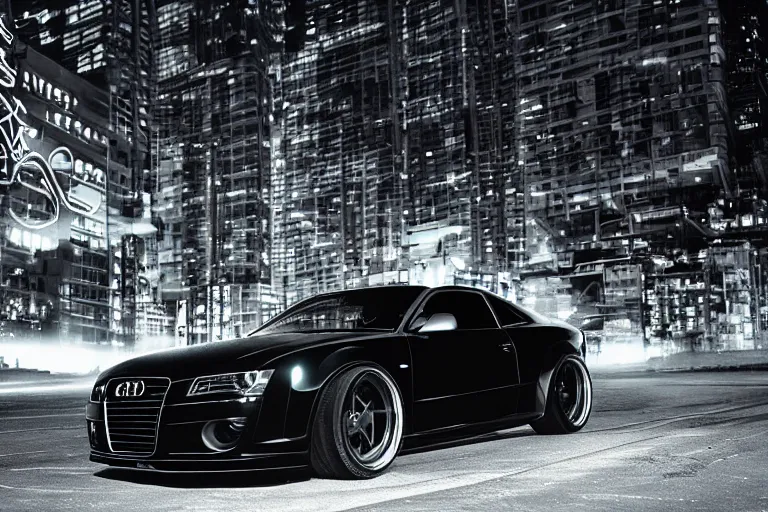 Prompt: widebody all black audi camaro b 6 ( 2 0 0 5 ), need for speed : carbon, at night, sci - fi, neon lines, phonk music background, smoke behind wheels, noise, dark, establishing shot, by simon stalenhag