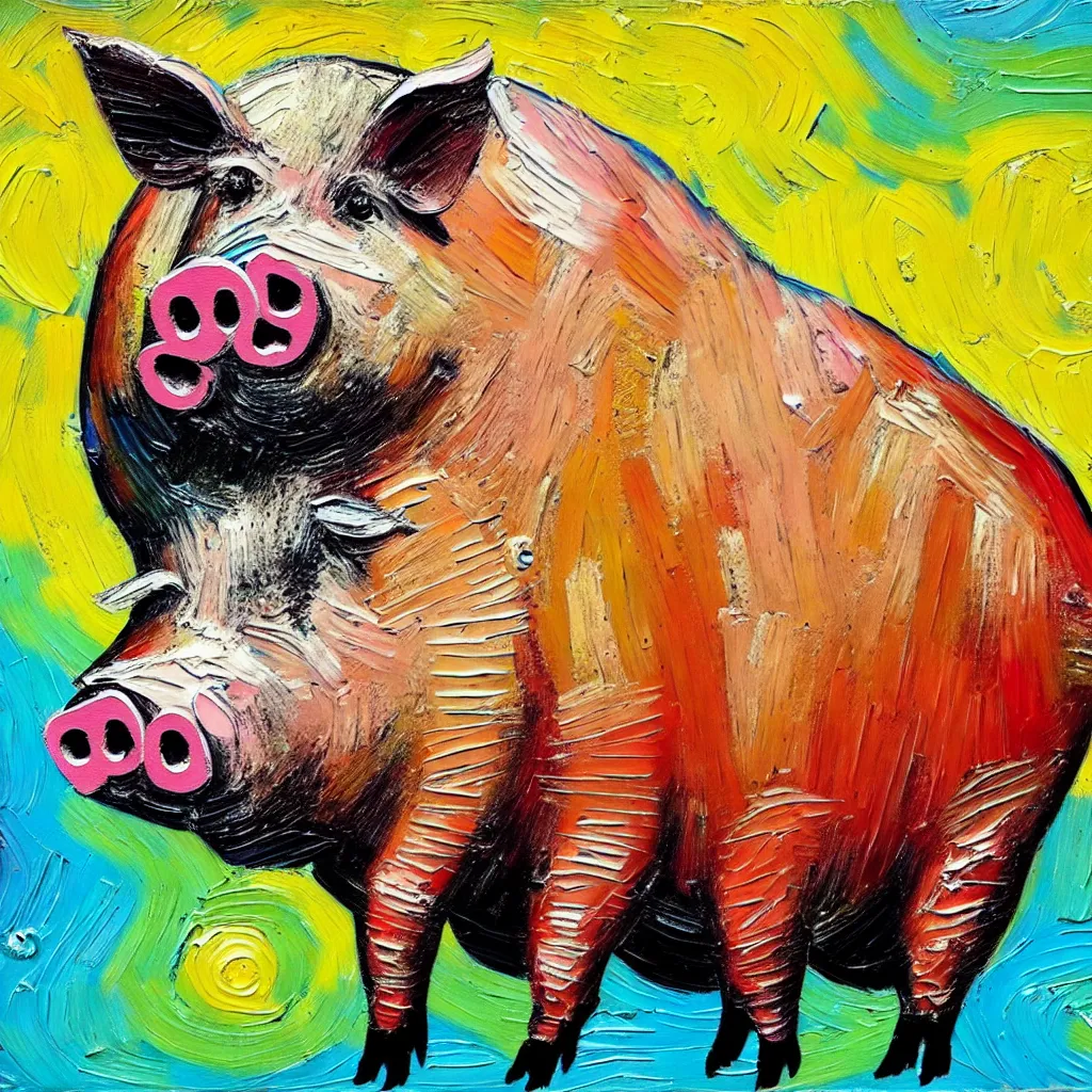 Prompt: large pig painted in a style of painting similar to Van Gogh but more impasto and less hatching