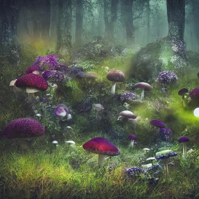 Image similar to a planet of various fungus, mushrooms, flowers and plants, inside the picture is infinity, Atmospheric, artistic photography, conceptual, long exposure outside the city, volumetric light