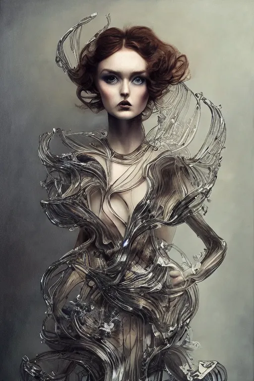 Prompt: an intricate realistic oil painting of a fashion model resembling lily cole, wearing avant garde fashion, clothing by alexander mcqueen, clothing by iris van herpen, full body, headspace, runway, by tom bagshaw, by karol bak