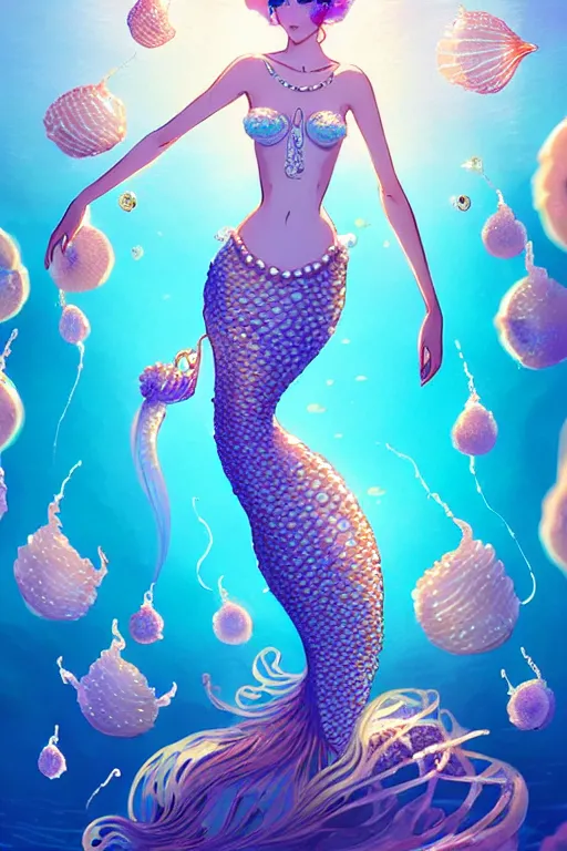 Image similar to a beautiful mermaid queen of the ocean in the middle of coral reefs, pearl and crystal jewelry, complex and shiny dress inspired by jellyfish, by ross tran and atey ghailan, by greg rutkowski, by greg tocchini, by james gilleard, by joe fenton, by kaethe butcher, dynamic lighting, grunge aesthetic