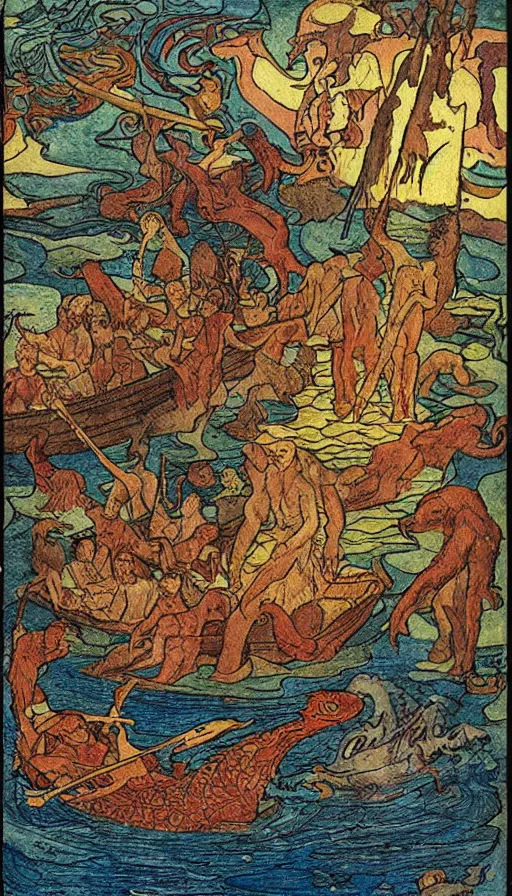 Image similar to man on boat crossing a body of water in hell with creatures in the water, sea of souls, by ivan bilibin,
