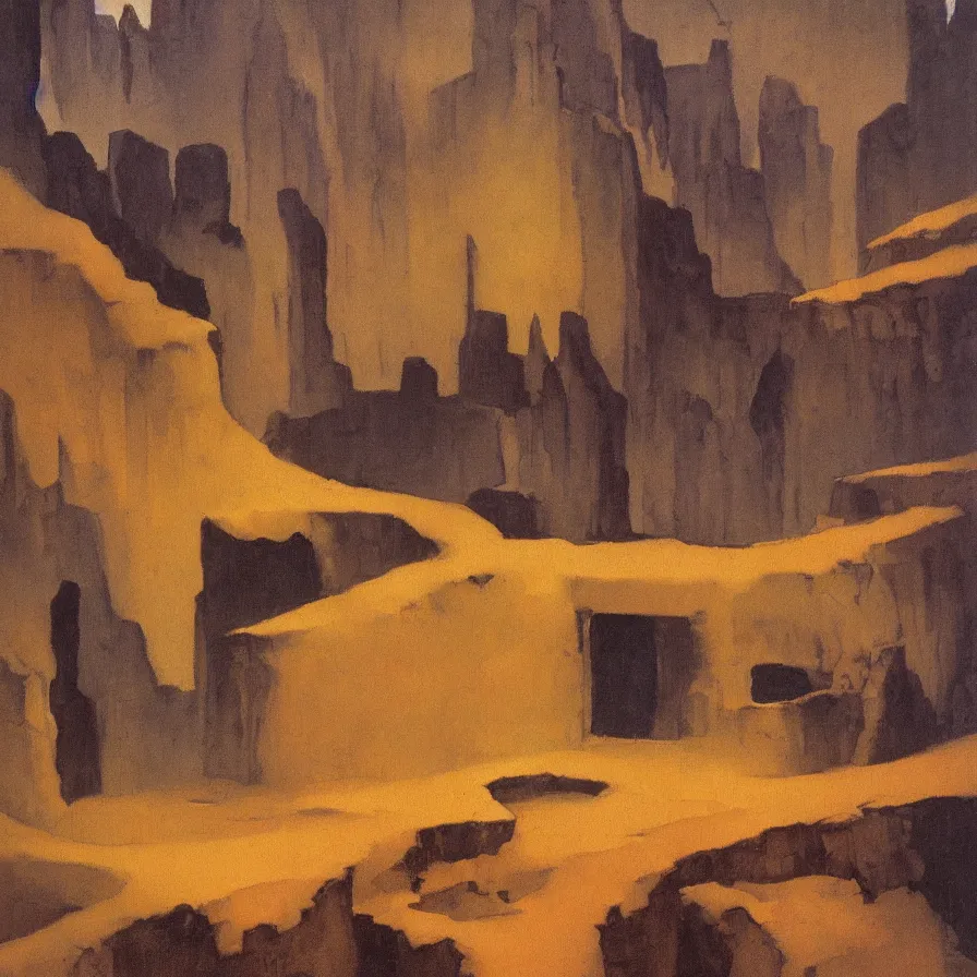 Image similar to a detailed oil painting of dark eerie ominous cave, prison cell, by nicholas roerich, by frank frazetta, by hans emmenegger, by bruce pennington, by eyvind earle, moisture, grainy, highly detailed, realistic, outline, line,