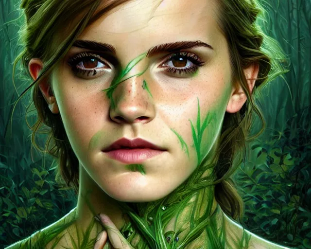 Prompt: mindblowing portrait of emma watson as a swamp witch, green colored skin!!, deep focus, d & d, fantasy, intricate, elegant, highly detailed, digital painting, artstation, concept art, matte, sharp, illustration, hearthstone, art by artgerm and greg rutkowski and alphonse mucha