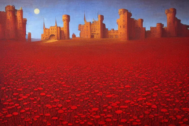 Image similar to only with red, red flowers of different types, a red tiger, a castle in the background, medieval demons dance over the flowers, an ancient path, in the style of beksinski, part by hopper, part by rodcenko, part by hofbauer, intricate composition, red by caravaggio, insanely quality, highly detailed, masterpiece, red light, artstation