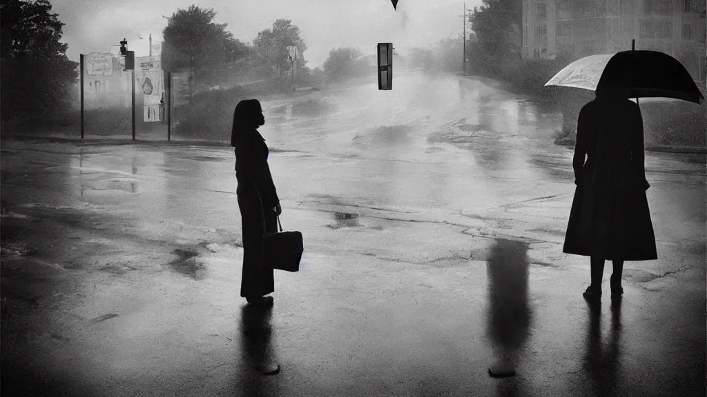 Image similar to “ a woman waiting on the corner holding an umbrella, photography by gregory crewdson ”