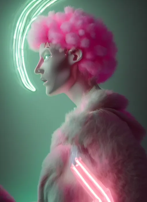 Image similar to photo of fullbodied baroque and bladerunner delicate neon diamond sculpture of seductive ceramic albino marble prince brian whittaker dotado mint iridescent humanoid deity wearing pink plastic fluffy hoody holding diamond skull in a white alien dungeon, reclining, glowing magenta face, crown of white diamonds, cinematic lighting, photorealistic, octane render 8 k depth of field 3 d