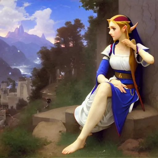 Image similar to a screnshot of princess Zelda Zelda Zelda from ocarina of time looking over her shoulder by William-Adolphe Bouguereau