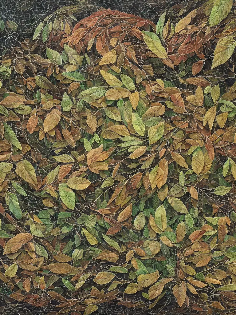 Prompt: a chaotic windy tornado of leaves, intricate details, aesthetically pleasing and harmonious natural colors, art by tiffany bozic, impressionism, detailed, dark