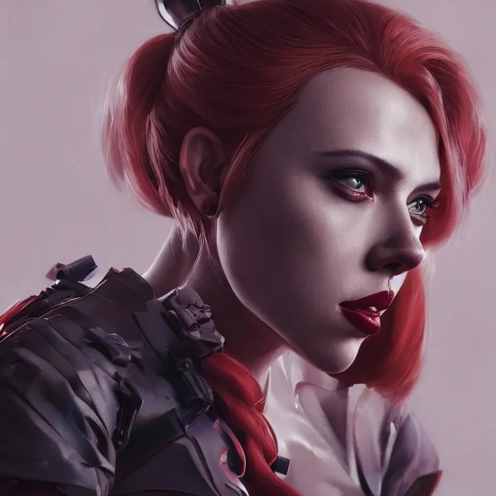 Image similar to portrait of scarlett johansson as a harley quinn. intricate abstract. intricate artwork. by Tooth Wu, wlop, beeple, dan mumford. octane render, trending on artstation, greg rutkowski very coherent symmetrical artwork. cinematic, hyper realism, high detail, octane render, 8k, iridescent accents