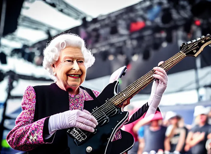 Prompt: photo still of queen elizabeth on stage at vans warped tour!!!!!!!! at age 7 0 years old 7 0 years of age!!!!!!! shredding a guitar on stage, 8 k, 8 5 mm f 1. 8, studio lighting, rim light, right side key light