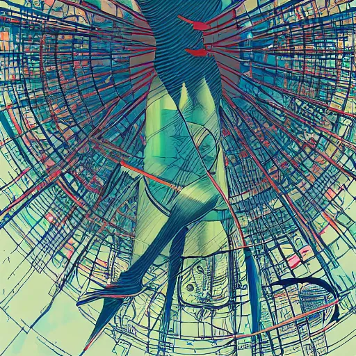 Prompt: a mechanical bird in the matrix contemplating the data science wired mandala, illustration by yoji shinkawa and james jean