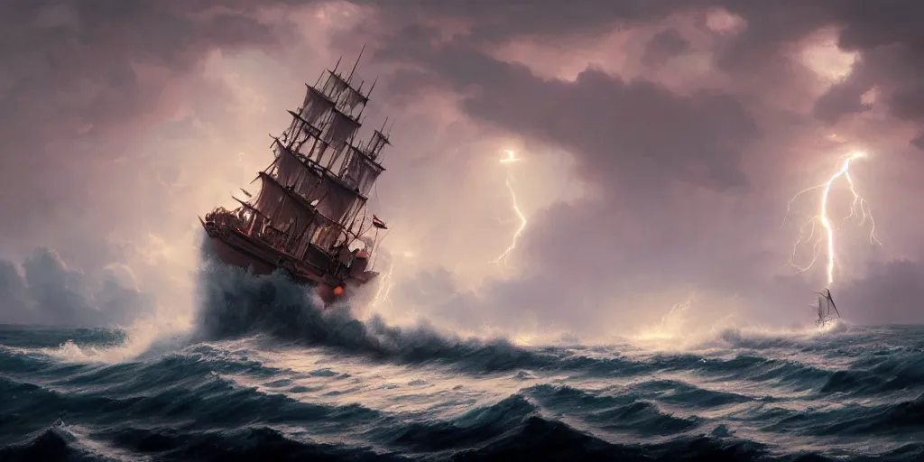 Prompt: Lightning striking a pirate vessel as it sails on wild ocean waters during a thunderstorm, crashing waves, 4k, cozy wallpaper, trending on Artstation, award-winning, art by Greg Rutkowski