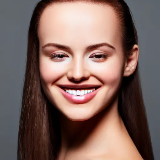 Image similar to forehead visible, beautiful smile with pretty teeth, black eye shadow, realistic natural lighting, caucasian