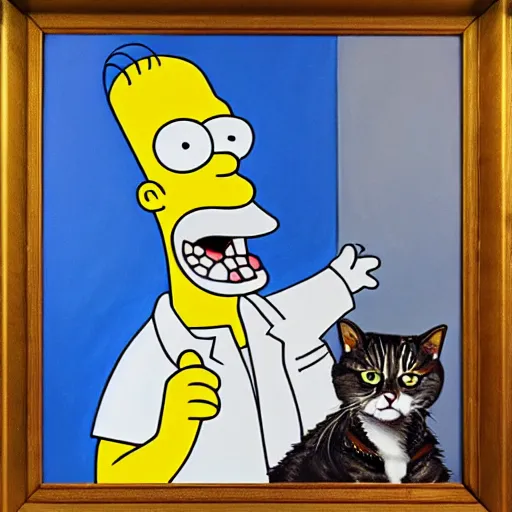 Image similar to doctor home simpson operating on a cat, oil and acrylic on canvas, high detail