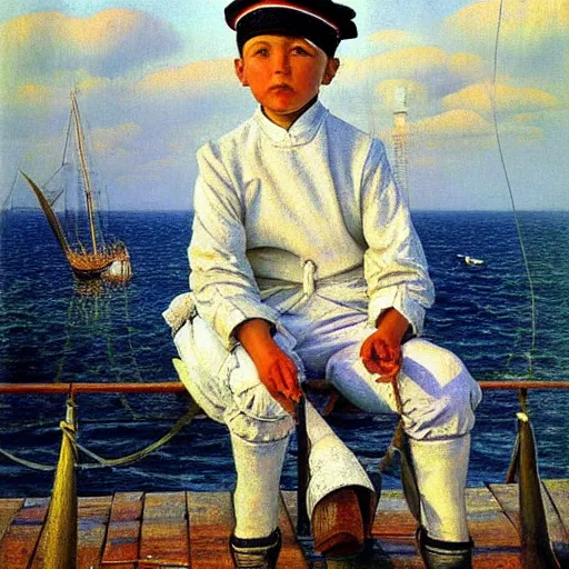 Image similar to painting of sailor boy hyperrealism vasily vereshchagin at harbor