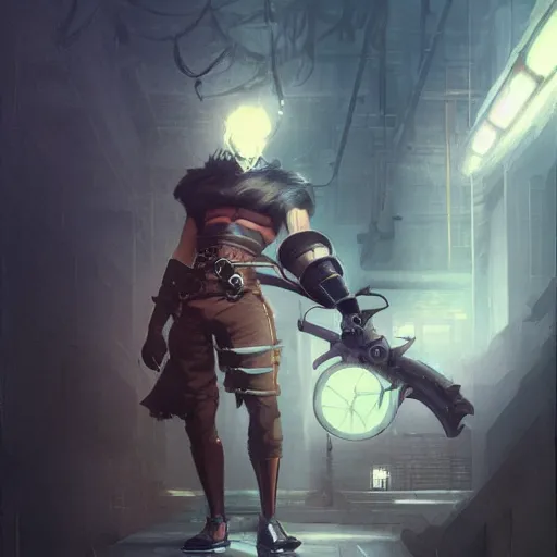 Image similar to character design, steampunk thug, blades and gadgets, backlit, musclebound and hulking, glamor hairstyle, persian, unibrow, male, Studio Ghibli painting concept by Greg Rutkowski