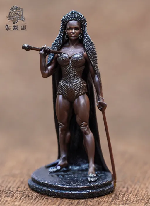 Prompt: 80mm resin detailed miniature of a Very Muscular Queen, long cape, dark skin, short black hair, on textured disc base, Company logo in upper left corner; Miniature product Photo, 4K, Full body