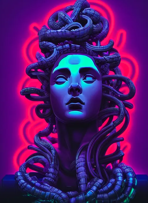 Image similar to statue of medusa, beeple, android jones, liam wong, ( ( ( ( ( dan mumford ) ) ) ) ), vaporwave, retrowave, black background, neon wiring, black, glitch, strong contrast, cuts, pinterest, trending on artstation