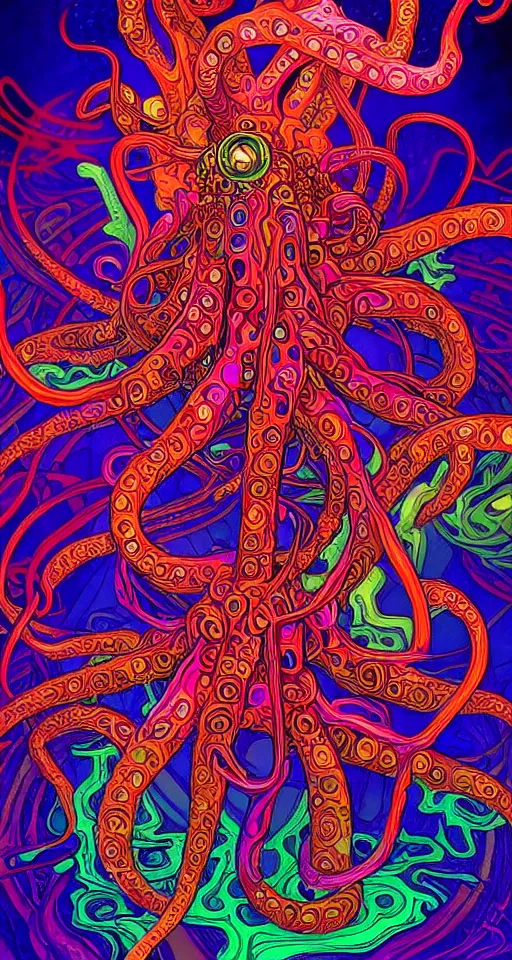 Image similar to An extremely psychedelic abstract illustration of octapus with colorful glowing tentacles, colorful, surreal, dramatic lighting, magic mushrooms, psilocybin, LSD, detailed, intricate, elegant, highly detailed, digital painting, artstation, concept art, smooth, sharp focus, illustration, art by Krenz Cushart and Artem Demura and alphonse mucha, unreal engine 5 render, 8k