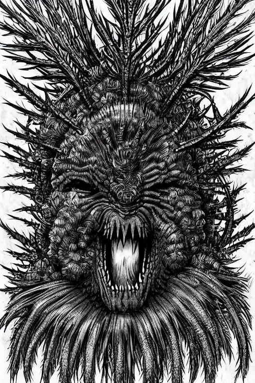 Image similar to thistle monster heavily armoured, symmetrical, highly detailed, digital art, needles, thorns, sharp focus, trending on art station, kentaro miura manga art style