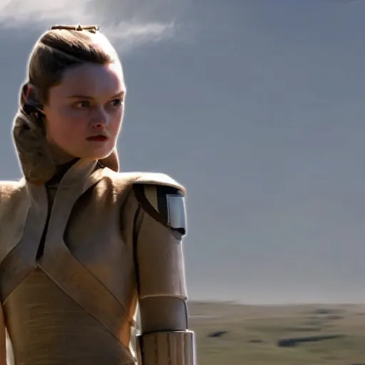 Prompt: bella heathcote as padme amidala at the battle of geonosis, golden hour, cinematic