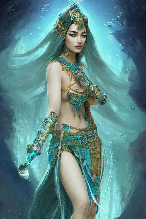 Image similar to beautiful sorceress female with teal colored skin, full body shot, long hair made of kelp, egyptian clothing, carrying a crystal stuff, d & d, fantasy, intricate, elegant, highly detailed, digital painting, artstation, concept art, matte, sharp focus, illustration, hearthstone, art by artgerm and greg rutkowski and alphonse mucha