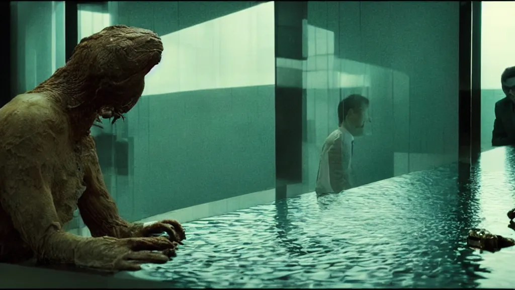 Prompt: the strange creature at the bank that took my money, made of water and oil, film still from the movie directed by Denis Villeneuve with art direction by Salvador Dalí, wide lens