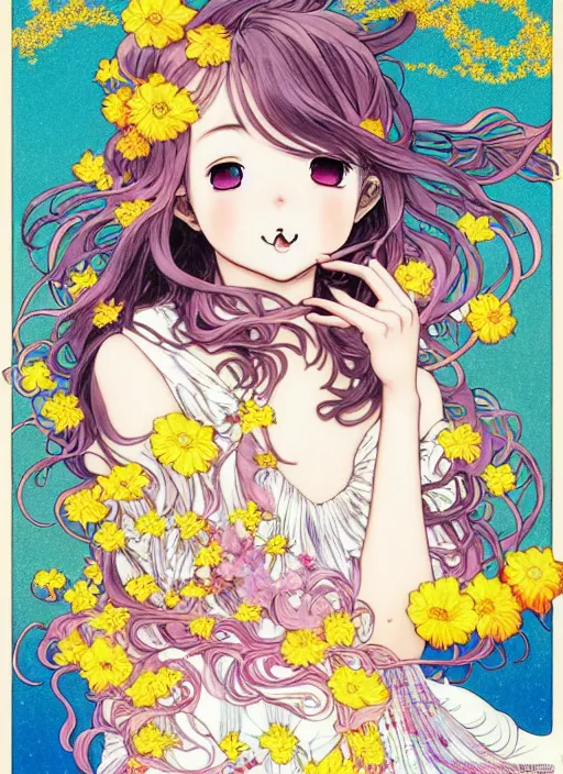 Image similar to exquisite imaginative manga poster art of a smiley girl, long wavy hair, flowers, rococo dress, dove, shimmering, by kojima ayami, shigenori soejima, minaba hideo, alphonse mucha, jump comics, shogakukan, art nouveau, illustration, artstation, highly detailed, 8 k, fluorescent, maximalist