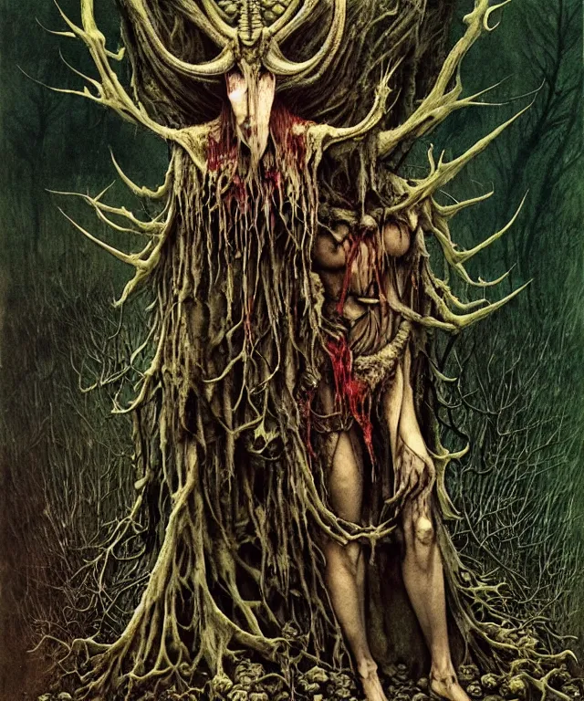 Image similar to a detailed creepy horned woman with many joints and arms stands among the forest. wearing a ripped mantle, robe. perfect faces, extremely high details, realistic, fantasy art, solo, masterpiece, art by zdzislaw beksinski, arthur rackham, dariusz zawadzki, hermann nitsch