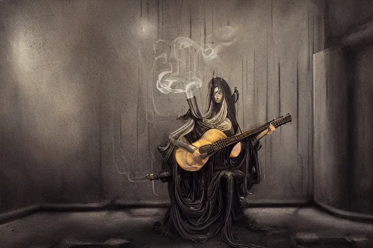 Image similar to still life painting, a lute with smoke emanating form it, cursed baroque with ebony inlay, designed by brian froud and hr giger leans against the wall alone, abandoned. an empty brutalist chamber, lonely, somberlate afternoon lighting cinematic fantasy painting by jessica rossier