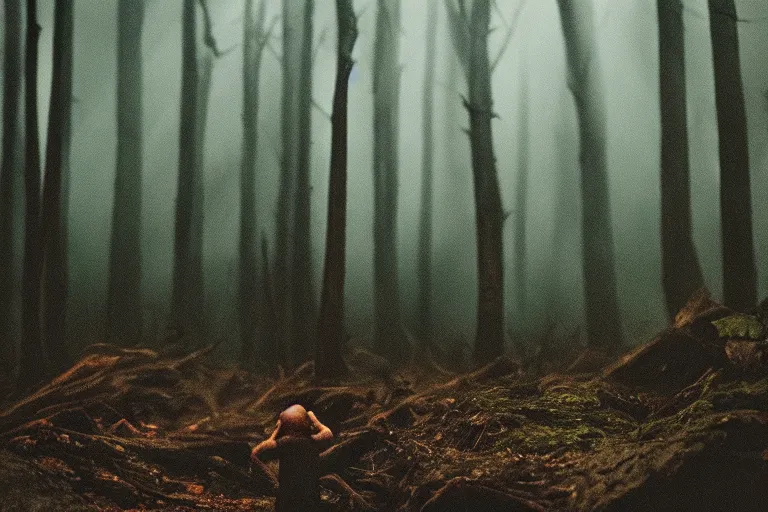 Prompt: terrible dark forest in the depths of which there is a Pudge from Dota 2 filmed hidden on a phone camera, Cinematic, wildlife photography, 35mm, photo on iphone